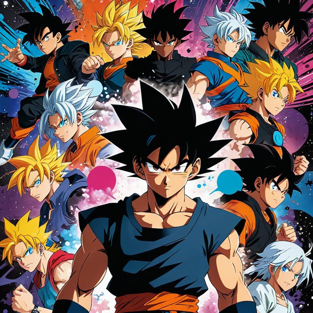 An engaging collage of iconic anime characters including Black Goku in an action pose, surrounded by thought bubbles filled with popular fan theories. The background features vibrant colors representing a dynamic and lively anime world, with subtle hints of manga panels and stylized text. Include a mix of characters from various genres for diversity. cartoon art style. vibrant colors. creative, whimsical layout.