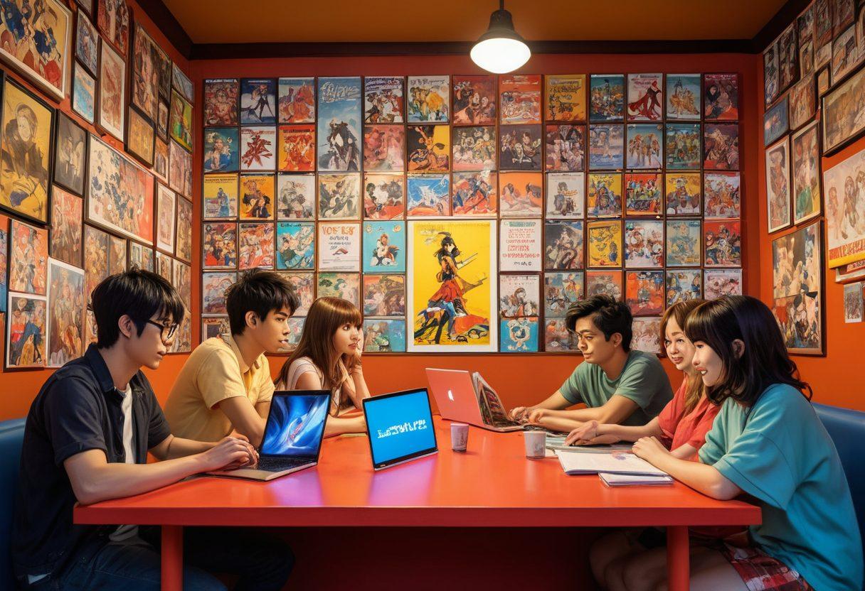 A vibrant and dynamic scene depicting a diverse group of anime fans passionately discussing their favorite shows. Include colorful posters of iconic anime characters in the background, and feature elements like manga books, figurines, and a laptop open on a blog website. The atmosphere should be energetic and welcoming, surrounded by colorful pop culture memorabilia. Illustrate with a whimsical and lively art style. vibrant colors. super-realistic.